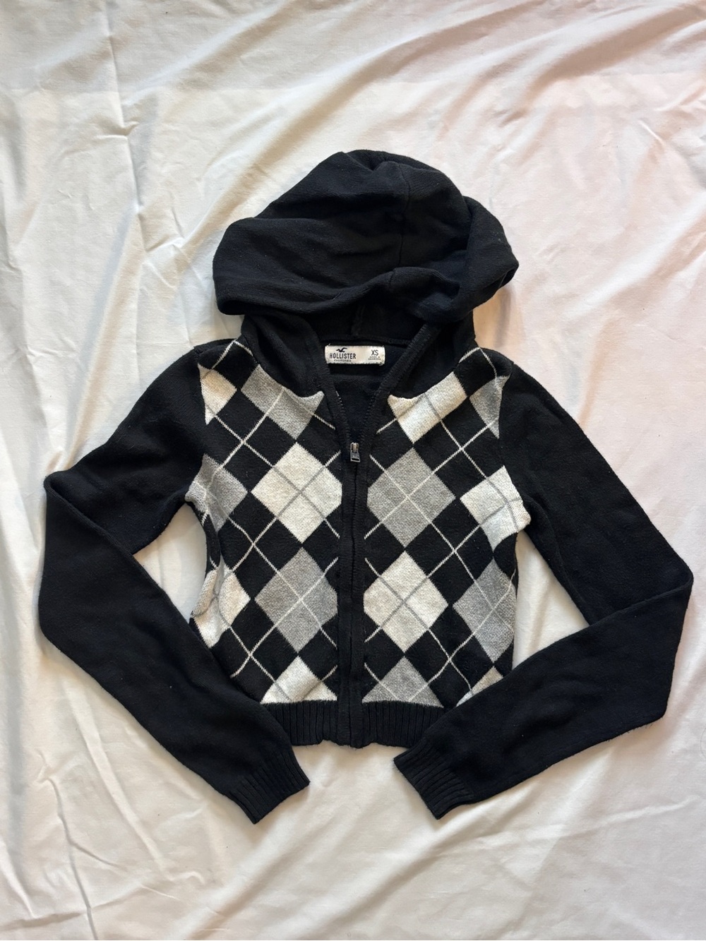 Hollister Black and White Argyle Zip Hoodie Cardigan